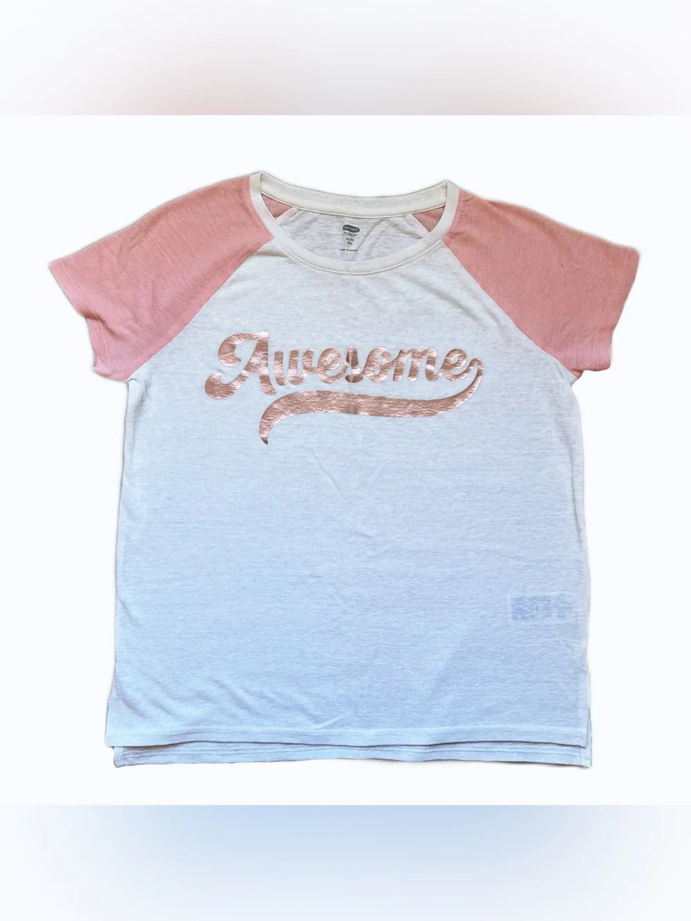 Old Navy Girls XL 14 Linen Blend White Pink Raglan Short Sleeve T-Shirt Tee NWOT